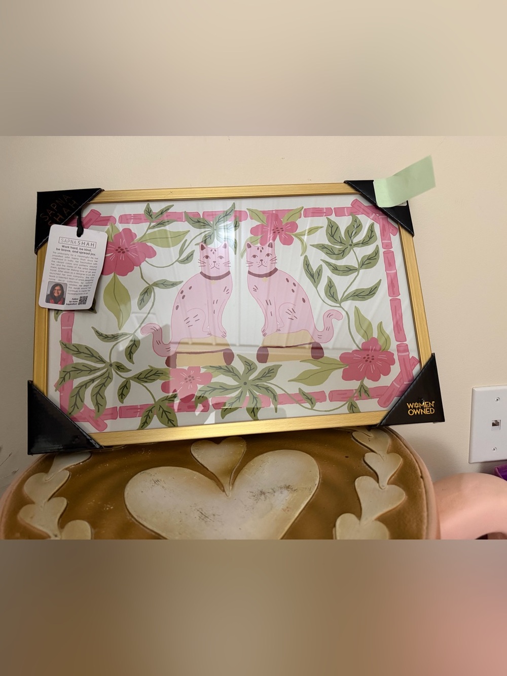Sapna Shah Gold Framed Pink Cats Wall Hanging Picture